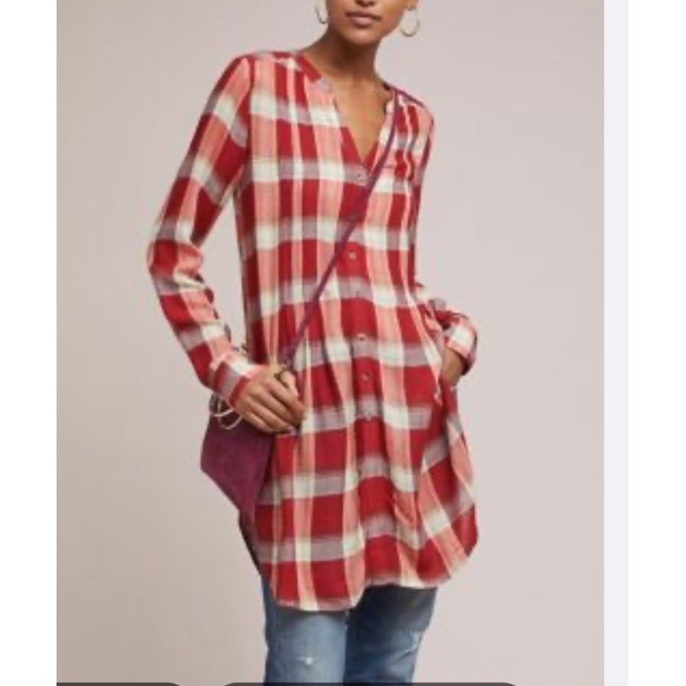 Anthropologie Akemi + Kin Lucie Red Plaid Tunic Shirt Dress Wool Blend Hi Lo S